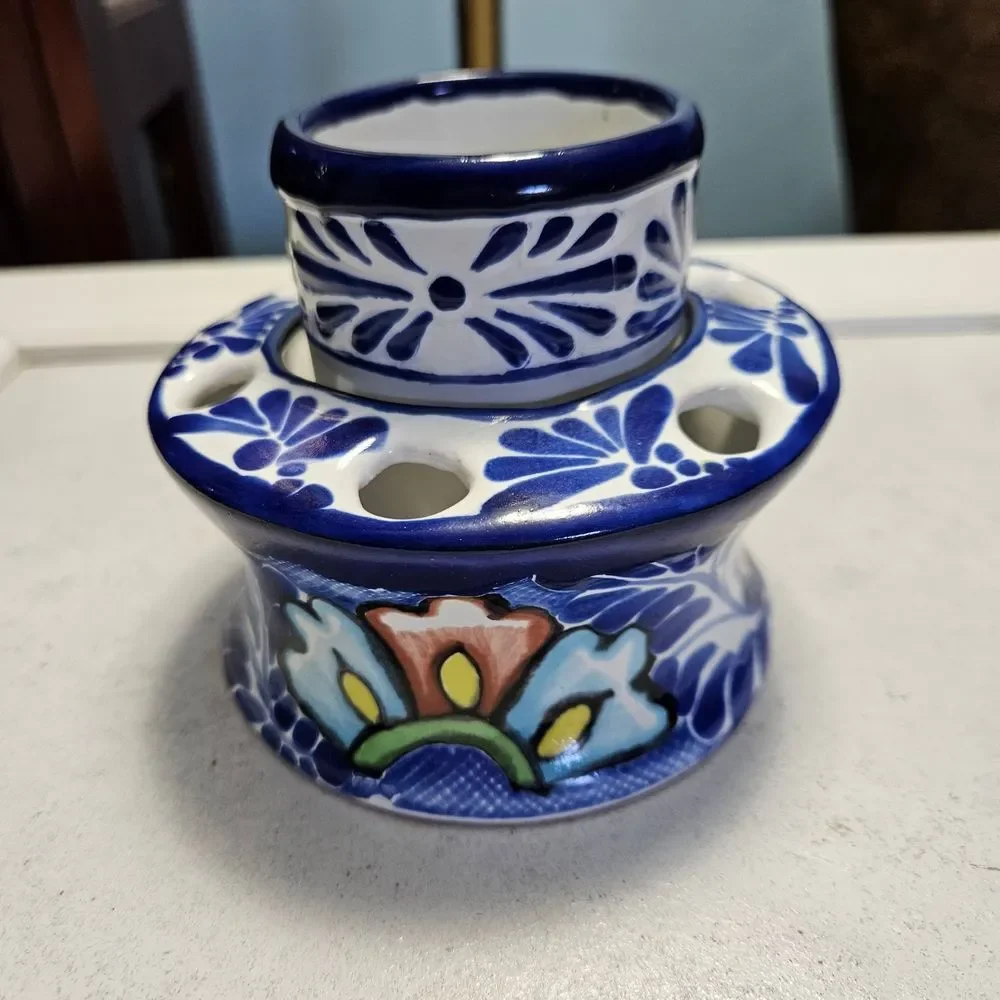 Talavera Zepeda Hand-Painted Ceramic Toothbrush Holder & Cup